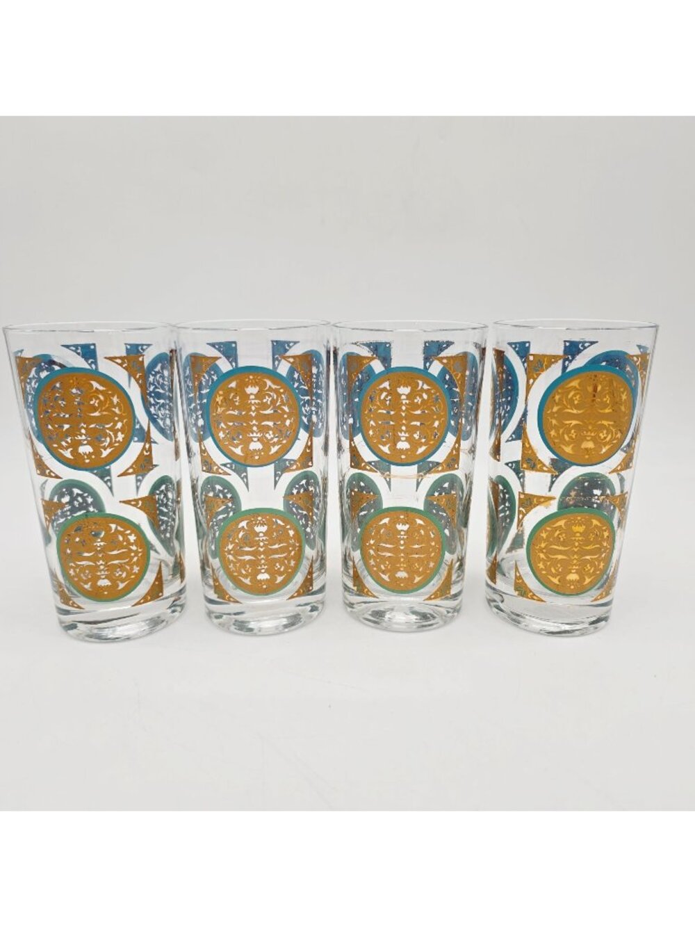 MCM Federal Highball Glass 22k Gold Medallion and Teal Circles Set of 4